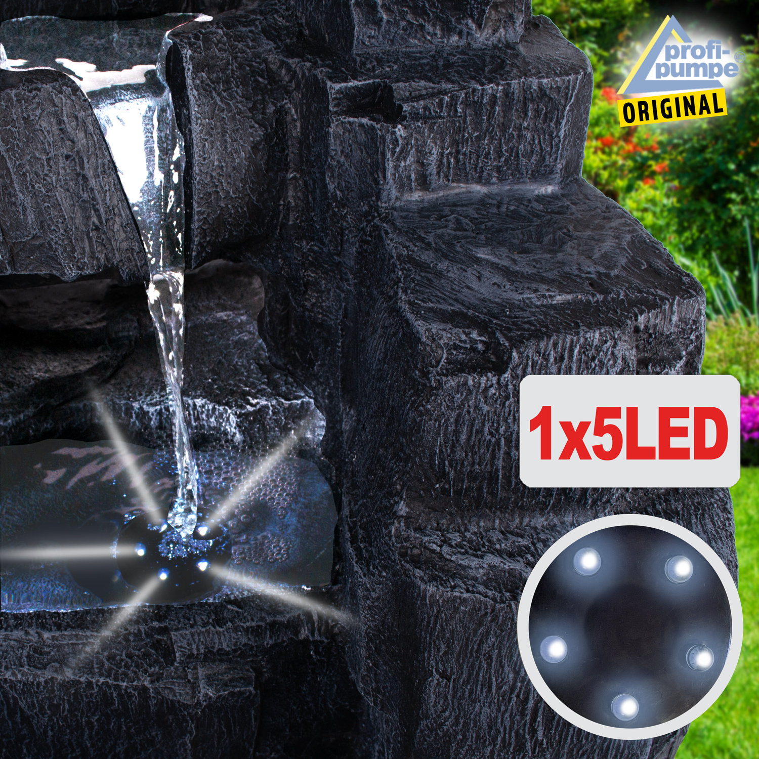 Solar Brunnen WASSERFALL Mit LiIon Akku Und LED Licht