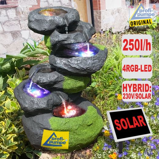 Gartenbrunnen FELS-KASKADE geschwungen mit Pumpe und 4 RGB LED-Licht - Hybrid Solarbetrieb